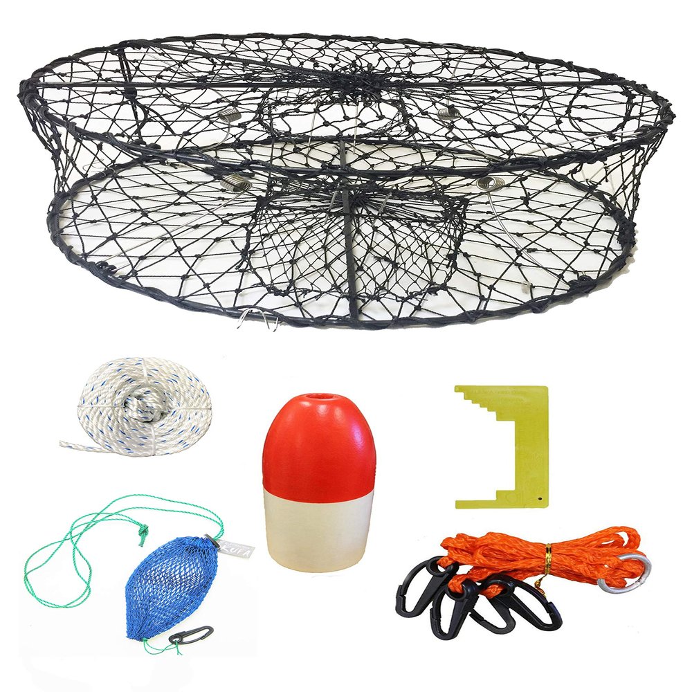 KUFA CT50 Sports Foldable Crab Trap with 100' Rope, 13" Red/White Floats, Harness, Bait Bag & Crab Caliper Combo (CT50+CAM34)