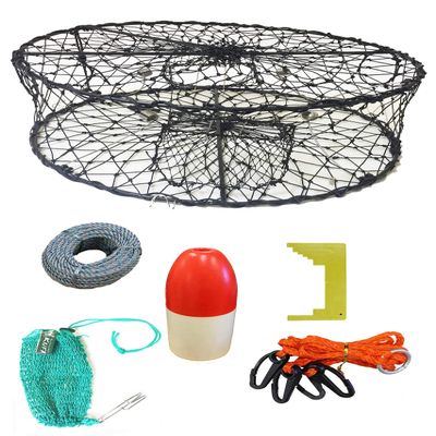 KUFA CT50 Sports Foldable Crab Trap with 100' Lead core Line,13" Red/White Floats, Harness, Bait Bag & Crab Caliper Combo (CT50+CAC37)
