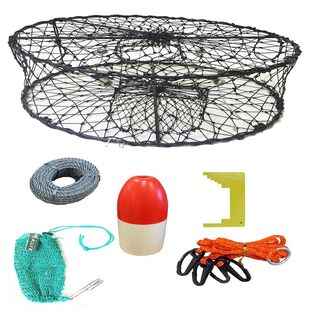 KUFA CT50 Sports Foldable Crab Trap with 100' Lead core Line,13" Red/White Floats, Harness, Bait Bag & Crab Caliper Combo (CT50+CAC37)