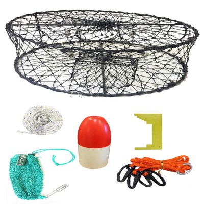 KUFA CT50 Sports Foldable Crab Trap with 100' Rope, 11" Red/White Floats, Harness, Bait Bag & Crab Caliper Combo (CT50+CAS17)