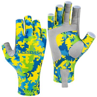 BASSDASH ALTIMATE UPF 50+ Womens Fishing Gloves UV Sun Protection Fingerless Gloves for Kayaking Paddling Hiking Cycling Driving Shooting Training (Mahi Camo, M)