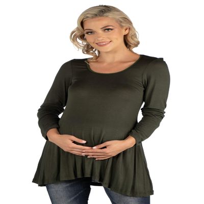 24seven Comfort Apparel Long Sleeve Solid Color Swing Style Flared Maternity Tunic Top Olive
