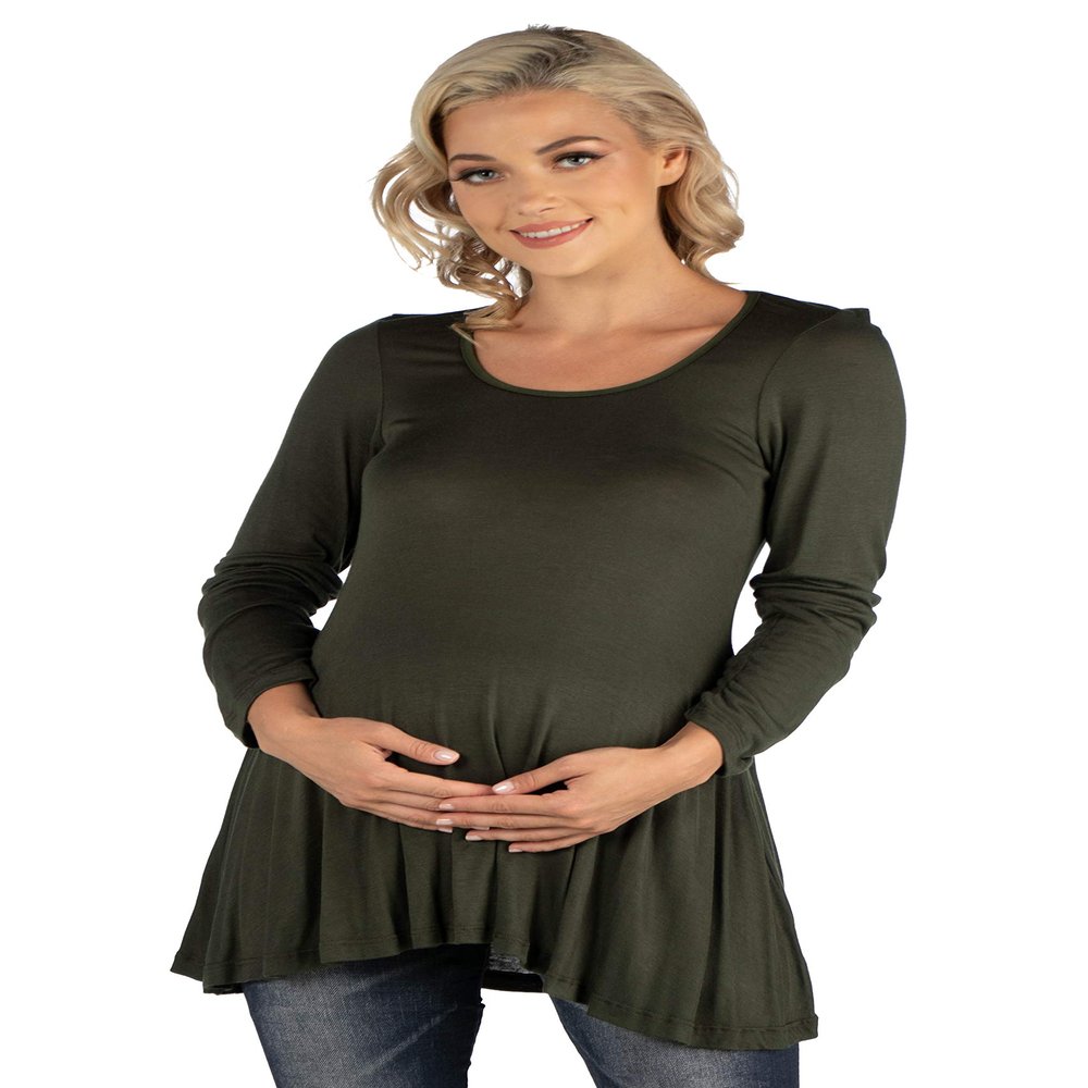 24seven Comfort Apparel Long Sleeve Solid Color Swing Style Flared Maternity Tunic Top Olive