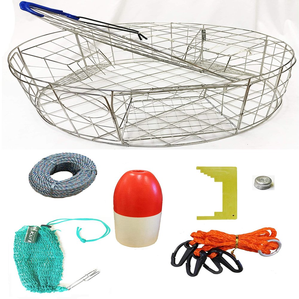 KUFA Stainless Steel Round Crab Trap with sacrificial Anode Zinc & 5/16" x 100' Lead core Sinking Line,13'' Red/White Float,Harness,Caliper,Bait Bag Combo (CT120+CAC37+ZIN1)