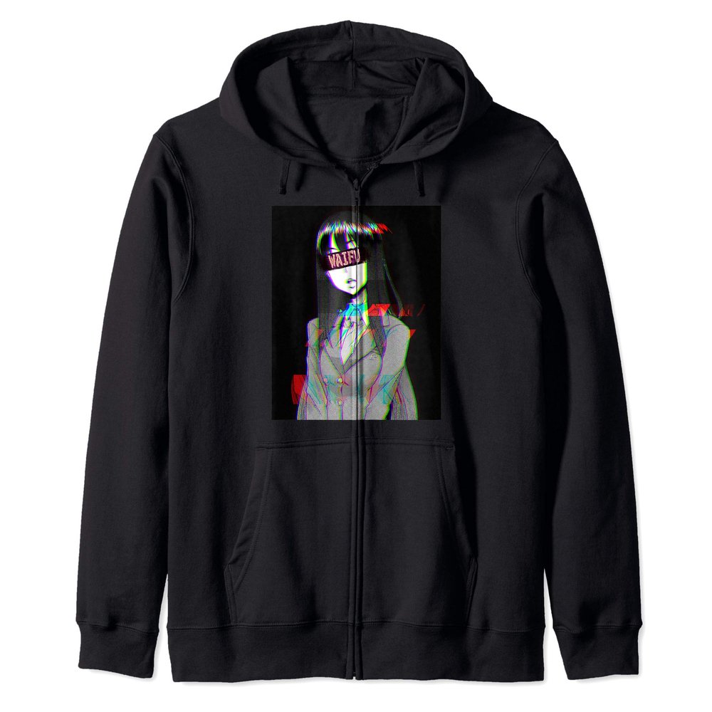 Waifu Women Anime | WAIFU Vaporwave | Glitch Manga Girl Zip Hoodie