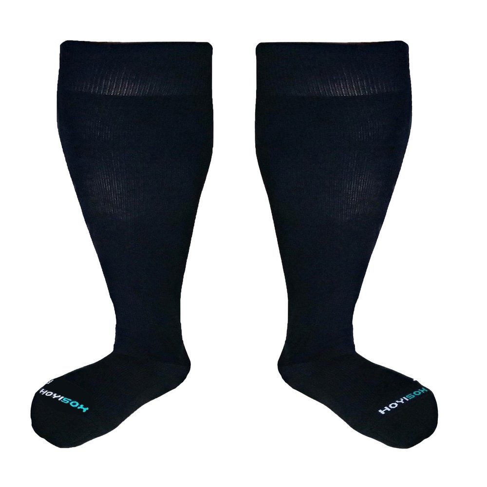 HOYISOX Plus Size Compression Knee High Socks, Wide Calf Extra Large for Men and Women, Comfortable Cotton (US, Alpha, 6X-Large, Regular, Regular, Black)