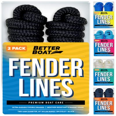 Boat Fender Lines, 3/8 Inch Double Braided Nylon Rope, 6 Ft with Loop, 2 Pack, Black, for Buoy, Jet Ski Mooring, Docking & Small Boat Bumpers