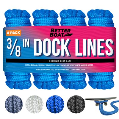 Dock Lines for Boats 3/8" x 15ft, 4 Pack Double Braided Nylon Boat Rope with 12" Loop, Marine Grade Mooring Line for Docking, Blue - Better Boat