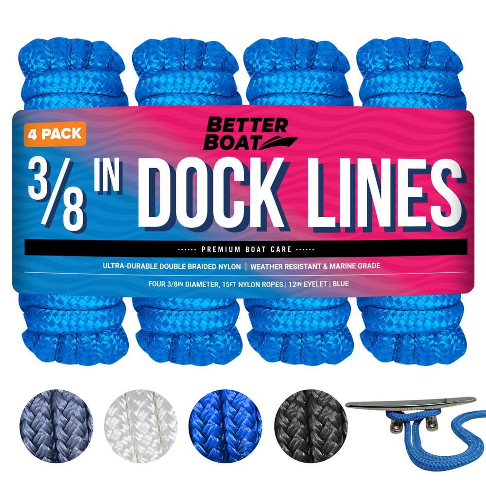 Dock Lines for Boats 3/8" x 15ft, 4 Pack Double Braided Nylon Boat Rope with 12" Loop, Marine Grade Mooring Line for Docking, Blue - Better Boat