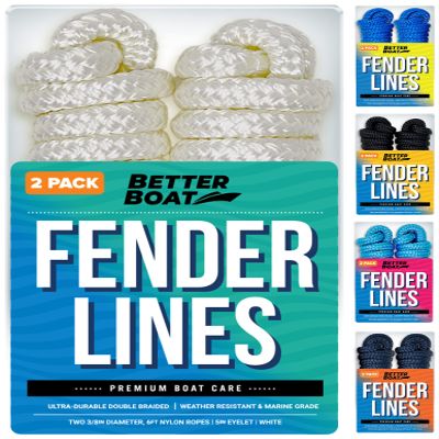 Boat Fender Lines, 3/8 Inch Double Braided Nylon Rope, 6 Ft with Loop, 2 Pack, White, for Buoy, Jet Ski Mooring, Docking & Small Boat Bumpers