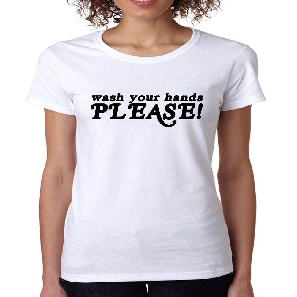 ALLNTRENDS Women's T Shirt Wash Your Hands Please Funny Germs Virus Hygiene Tee (XL, White)