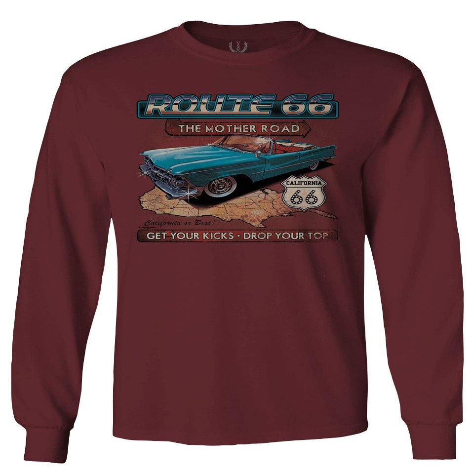 0271. The Mother Road California Route 66 cali Republic Vintage car Men's Long Sleeve t Shirt (Maroon 2X Large)