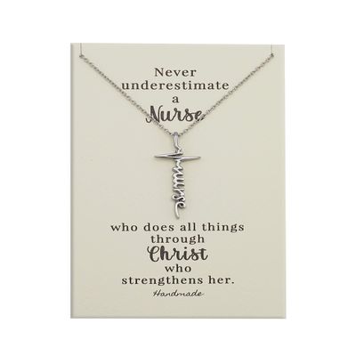 Joyfulle Nurse Script Cross Necklace, Gifts for Nurses, Virtual Thanksgiving Gift with Inspirational Greeting Card, Silver Tone Adjustable Chain 16" to 18" (Nurse 1)