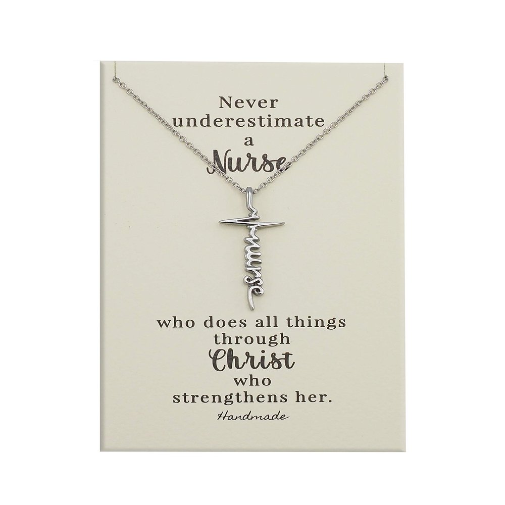 Joyfulle Nurse Script Cross Necklace, Gifts for Nurses, Virtual Thanksgiving Gift with Inspirational Greeting Card, Silver Tone Adjustable Chain 16" to 18" (Nurse 1)