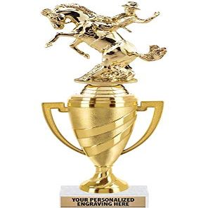 Crown Awards Rodeo Trophy, 10" Gold Cup Bronco Bucking Trophies with Engraving Included, 5 Pack