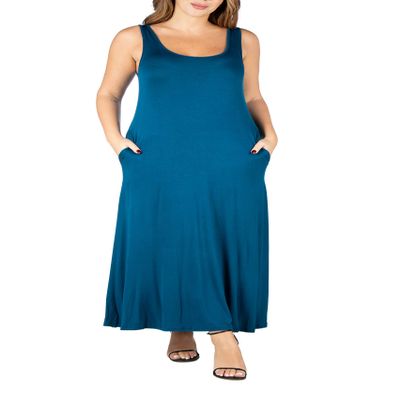 24seven Comfort Apparel Womens Plus Size Scoop Neck Sleeveless Tank Maxi Dress with Pockets -1X-3X Teal