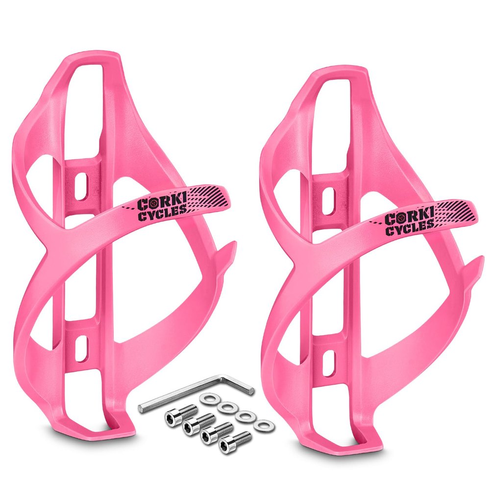 corki Cycles Bike Water Bottle Holder Right Side Load Water Bottle Cage for Road, MTB, Gravel Bicycles Magenta Pink 2 Pack