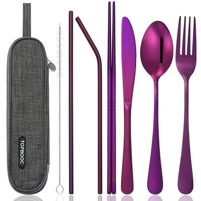 Topbooc 8-Piece Portable Stainless Steel Flatware Set, Travel Camping Cutlery Set with Purple Waterproof Case