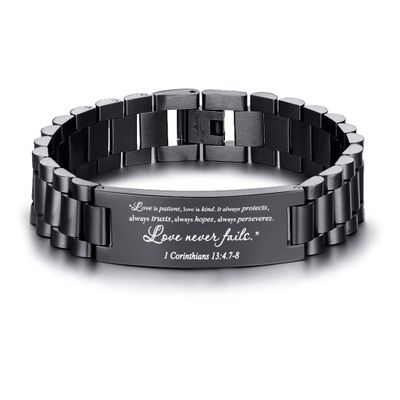 1CORINTHIANS 13:8 Engraving Religous Quote Faith Christian Bible Verse Prayer Adjustable Stainless Steel Inspirational Encouragement ID Bracelets for Men
