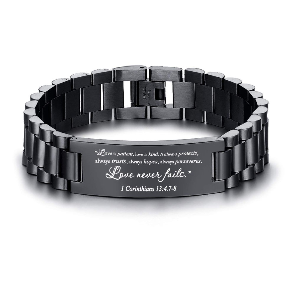1CORINTHIANS 13:8 Engraving Religous Quote Faith Christian Bible Verse Prayer Adjustable Stainless Steel Inspirational Encouragement ID Bracelets for Men