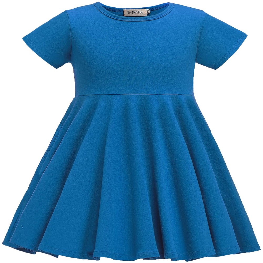 TriKalor Girls Dresses Short Sleeve Solid Color Skater Casual Twirly Dress with Pockets Sky Blue 10-12 Years