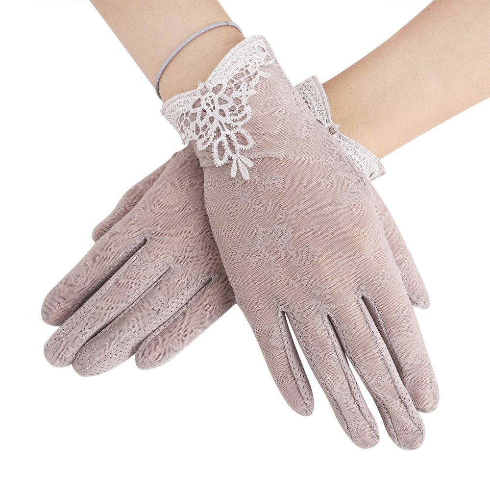 Driving Gloves for Women Floral Lace Cotton Non Slip Touchscreen UV Sun Protection Gloves for Cycling Motorcycle Camping (For Women, Grey, with Lace)