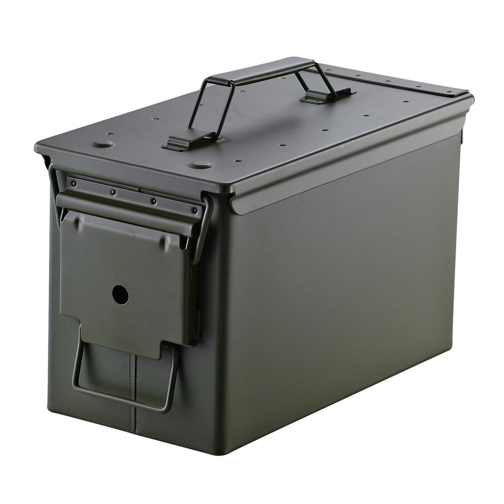 50 Cal Ammo Can Holder Box (Army Green) - Airtight & Watertight Metal Ammo Storage Box w/Hinged Lid, Locking Latch Ideal Ammo Can Surplus for Firearms, Tactical Gear & Survival Supplies