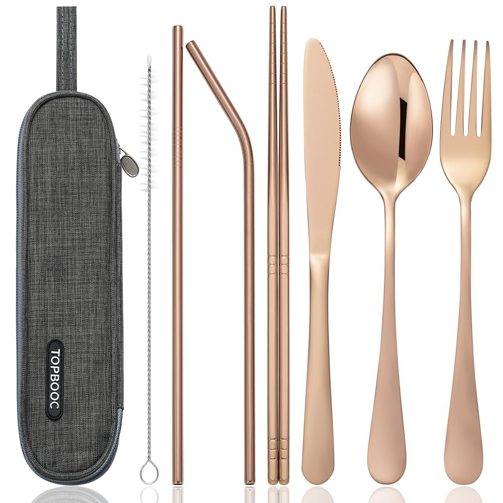 Portable Stainless Steel Flatware Set, Travel Camping Cutlery Set, Portable Utensil Travel Silverware Dinnerware Set with a Waterproof Case (Rose God)