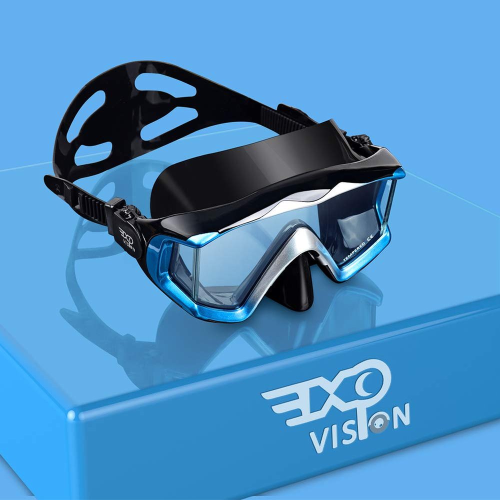 Adult Pano 3 Panoramic View Diving Mask, Tempered Glass Lens Scuba Snorkeling Dive Mask, Premium Swim Goggles with Nose Cover for Snorkeling, Freediving, Swimming (Blue)