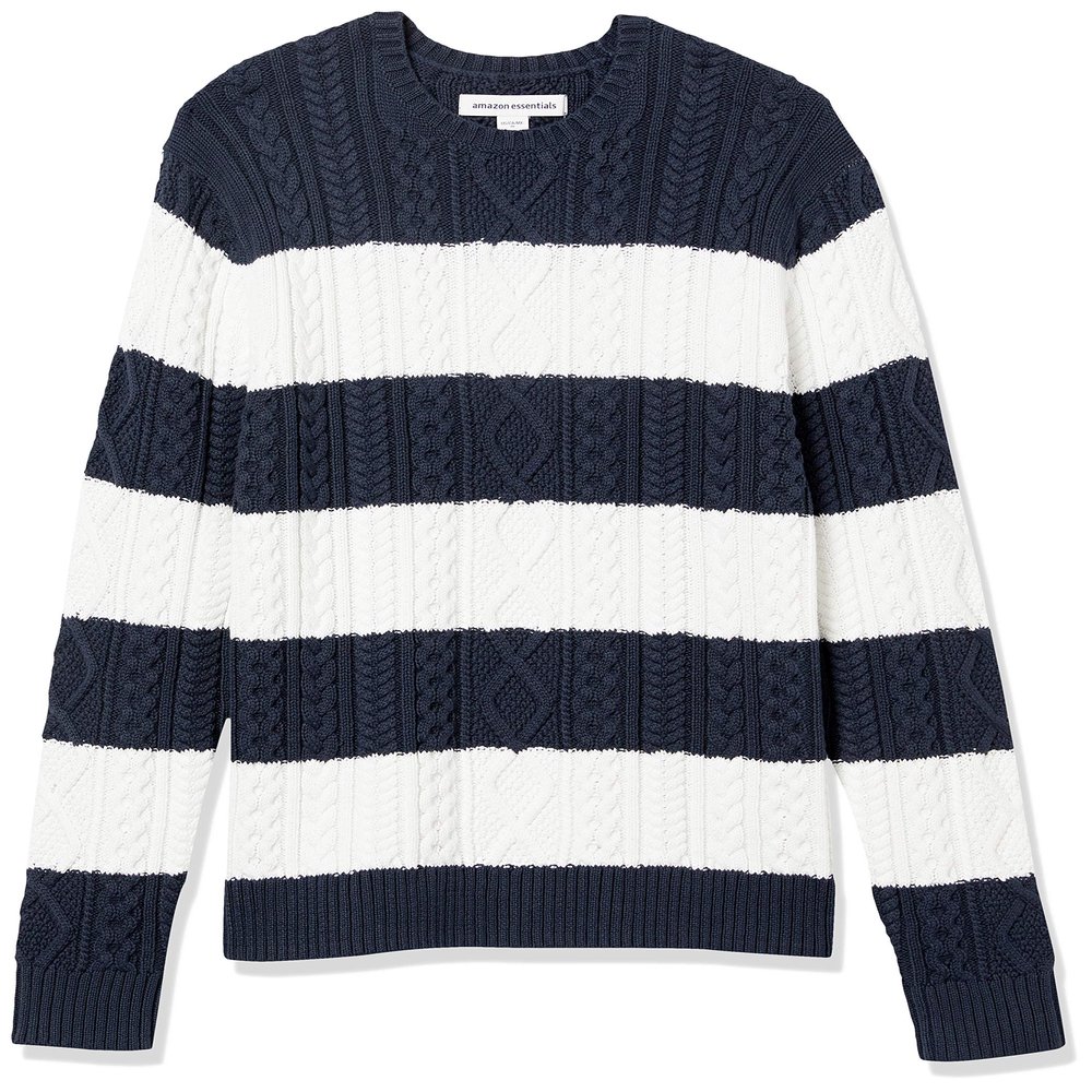 Amazon Essentials Men's Long-Sleeve 100% Cotton Fisherman Cable Crewneck Sweater, Navy White Rugby Stripe, Large