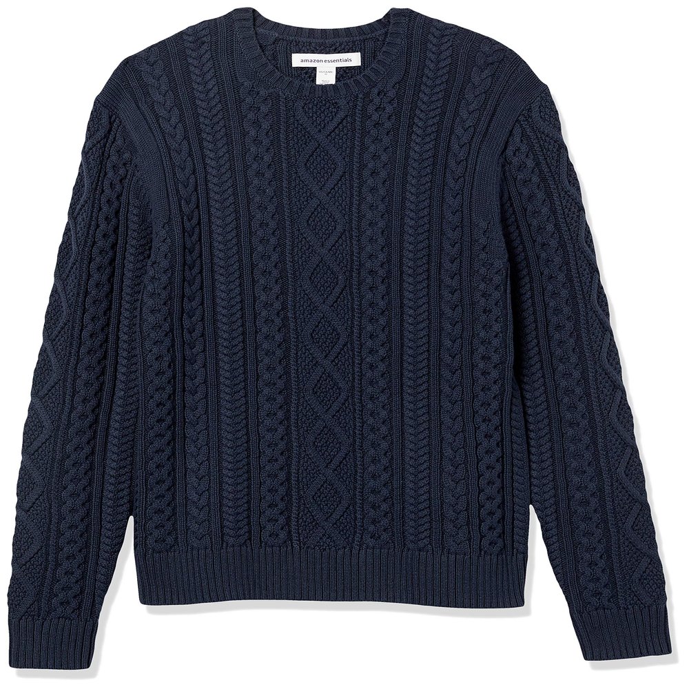 Amazon Essentials Men's Long-Sleeve 100% Cotton Fisherman Cable Crewneck Sweater, Navy, Large