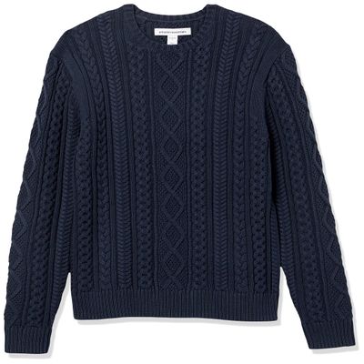 Amazon Essentials Men's Long-Sleeve 100% Cotton Fisherman Cable Crewneck Sweater, Navy, Medium