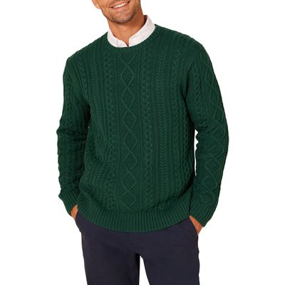Amazon Essentials Men's Long-Sleeve 100% Cotton Fisherman Cable Crewneck Sweater, Dark Green, X-Small