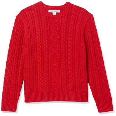 Amazon Essentials Men's Long-Sleeve 100% Cotton Fisherman Cable Crewneck Sweater, Red, X-Small