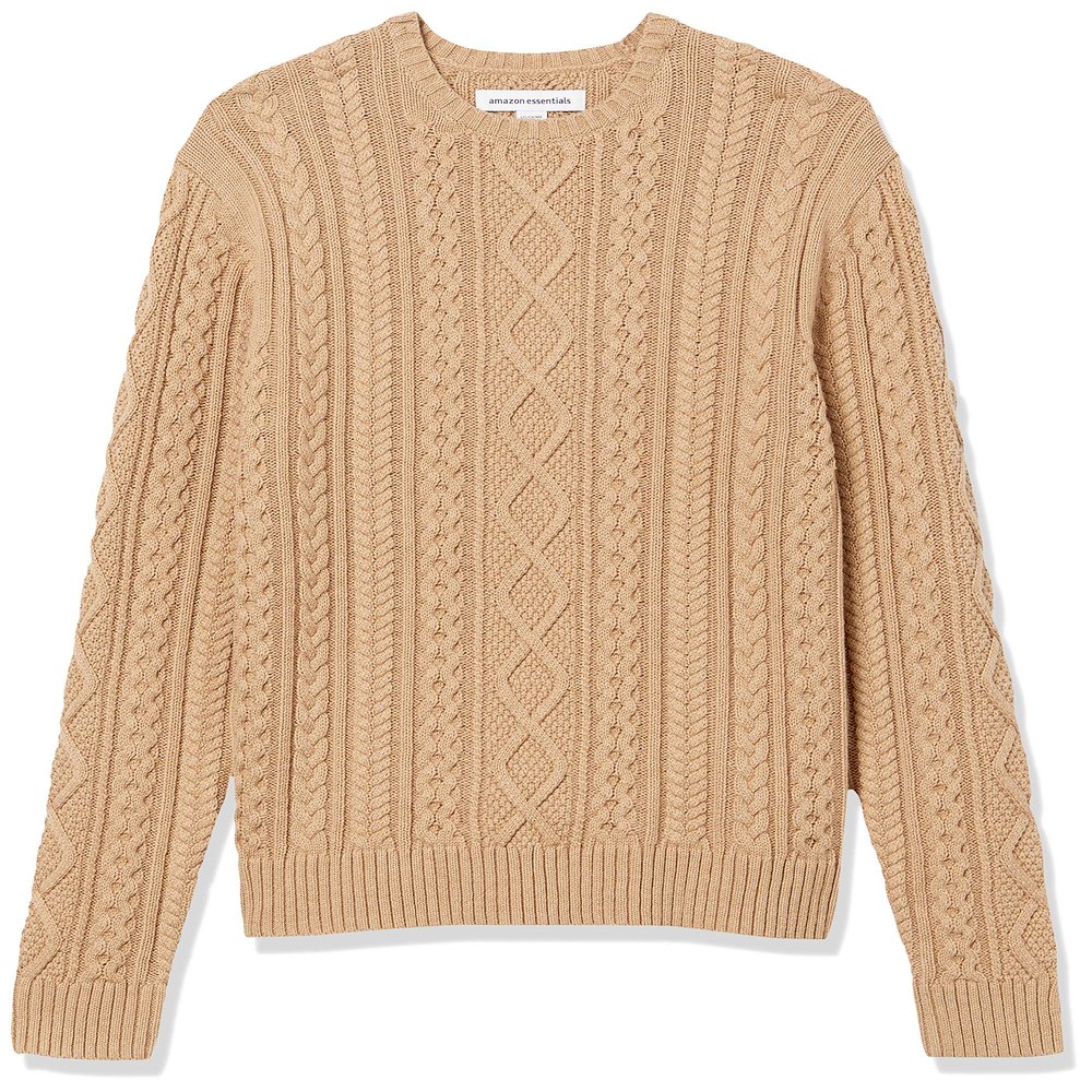 Amazon Essentials Men's Long-Sleeve 100% Cotton Fisherman Cable Crewneck Sweater, Camel, XX-Large
