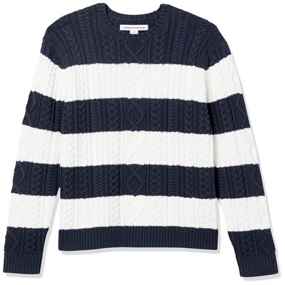 Amazon Essentials Men's Long-Sleeve 100% Cotton Fisherman Cable Crewneck Sweater, Navy White Rugby Stripe, X-Small