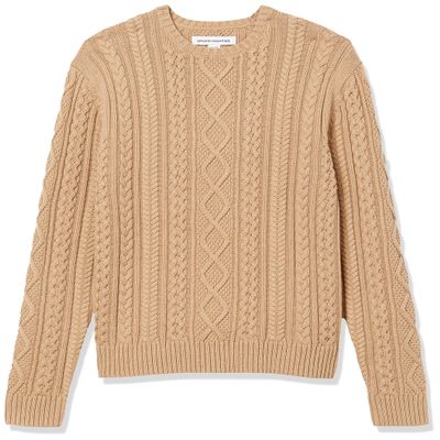 Amazon Essentials Men's Long-Sleeve 100% Cotton Fisherman Cable Crewneck Sweater, Camel, X-Large