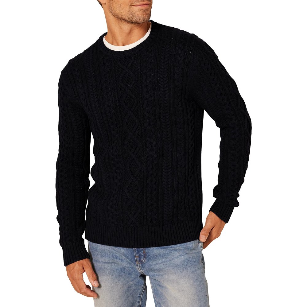 Amazon Essentials Men's Long-Sleeve 100% Cotton Fisherman Cable Crewneck Sweater, Black, Large