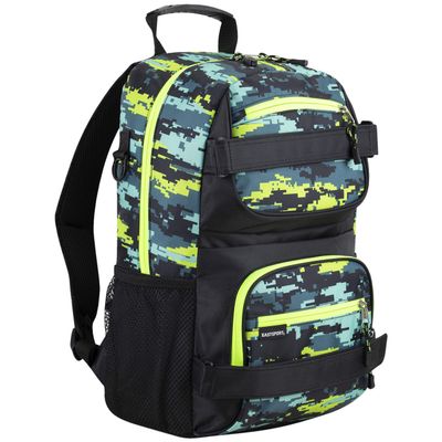 Eastsport Travel Skateboard Backpack Double Strap Laptop Bag Multi-Sport Design for Men and Women, Neon Yellow Blue Static Camo Black