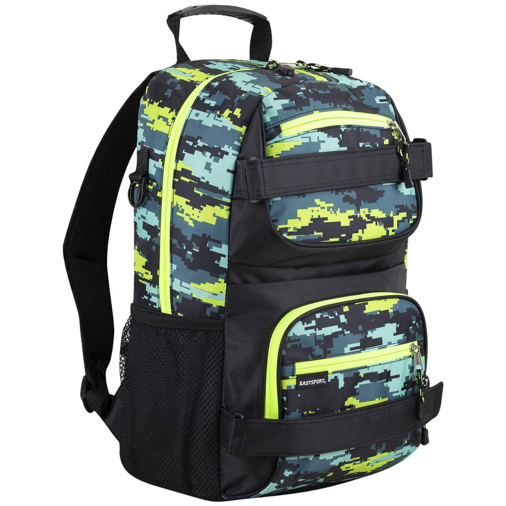 Eastsport Travel Skateboard Backpack Double Strap Laptop Bag Multi-Sport Design for Men and Women, Neon Yellow Blue Static Camo Black