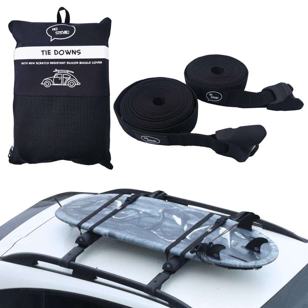 Ho Stevie! Surfboard Tie Down Straps (Pair) for Roof Rack Crossbars - Easy to Use - 'No Scratch' Silicone Buckle Covers Prevent Damage