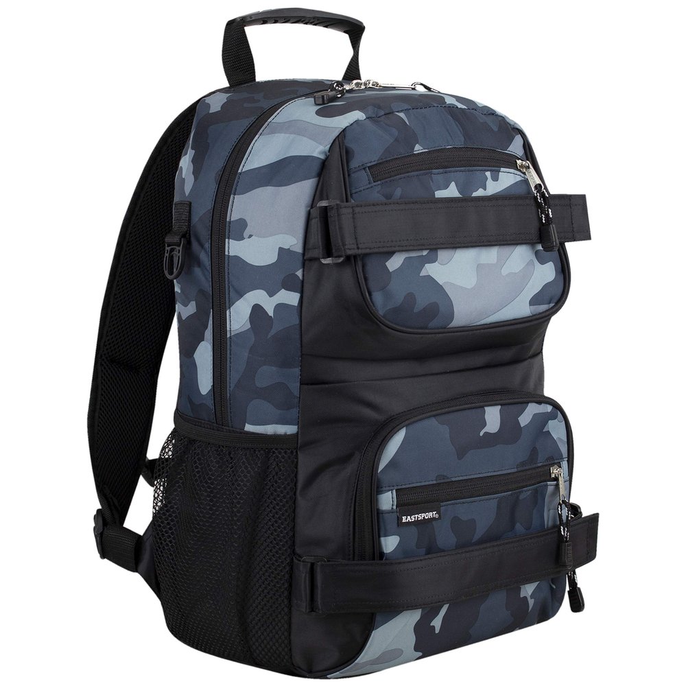 Eastsport Travel Skateboard Backpack Double Strap Laptop Bag Multi-Sport Design for Men and Women, Camo Black