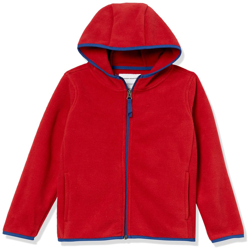 Amazon Essentials Boys' Polar Fleece Full-Zip Hooded Jacket, Red, Medium