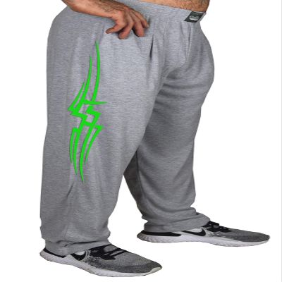 Baggy Workout Bodybuilding Pants in Grey with Neon Green Tribal Design with Two Front Pockets for Men and Women