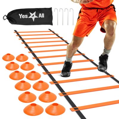 Yes4All Agility Ladder Adjustable Speed & Agility Training Equipment for All Ages, Durable Speed Ladder, Multiple Combo Sets Available, Orange, 12 Agility Cones, 4 Steel Stakes