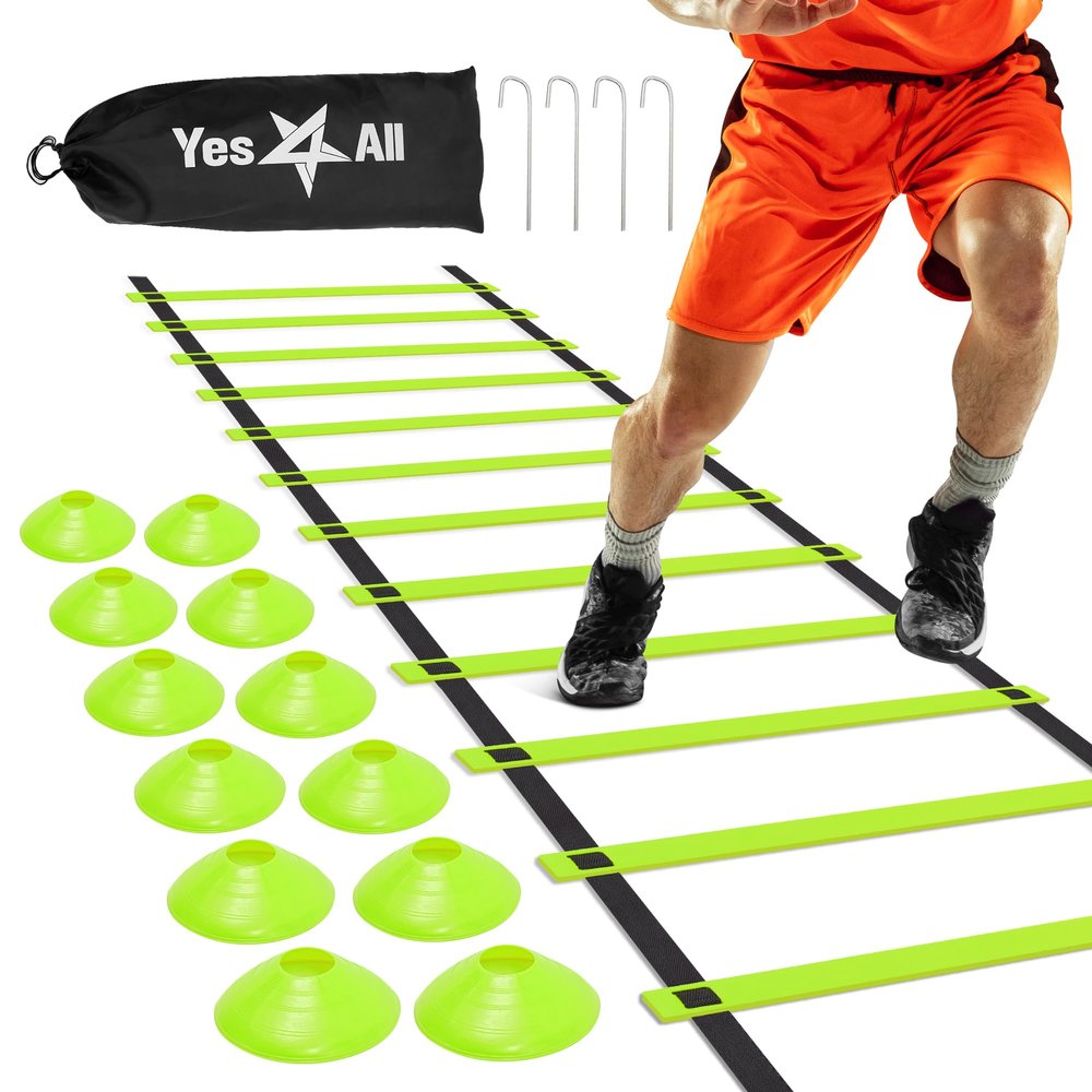 Yes4All Agility Ladder Adjustable Speed & Agility Training Equipment for All Ages, Durable Speed Ladder, Multiple Combo Sets Available, Lime, 12 Agility Cones, 4 Steel Stakes