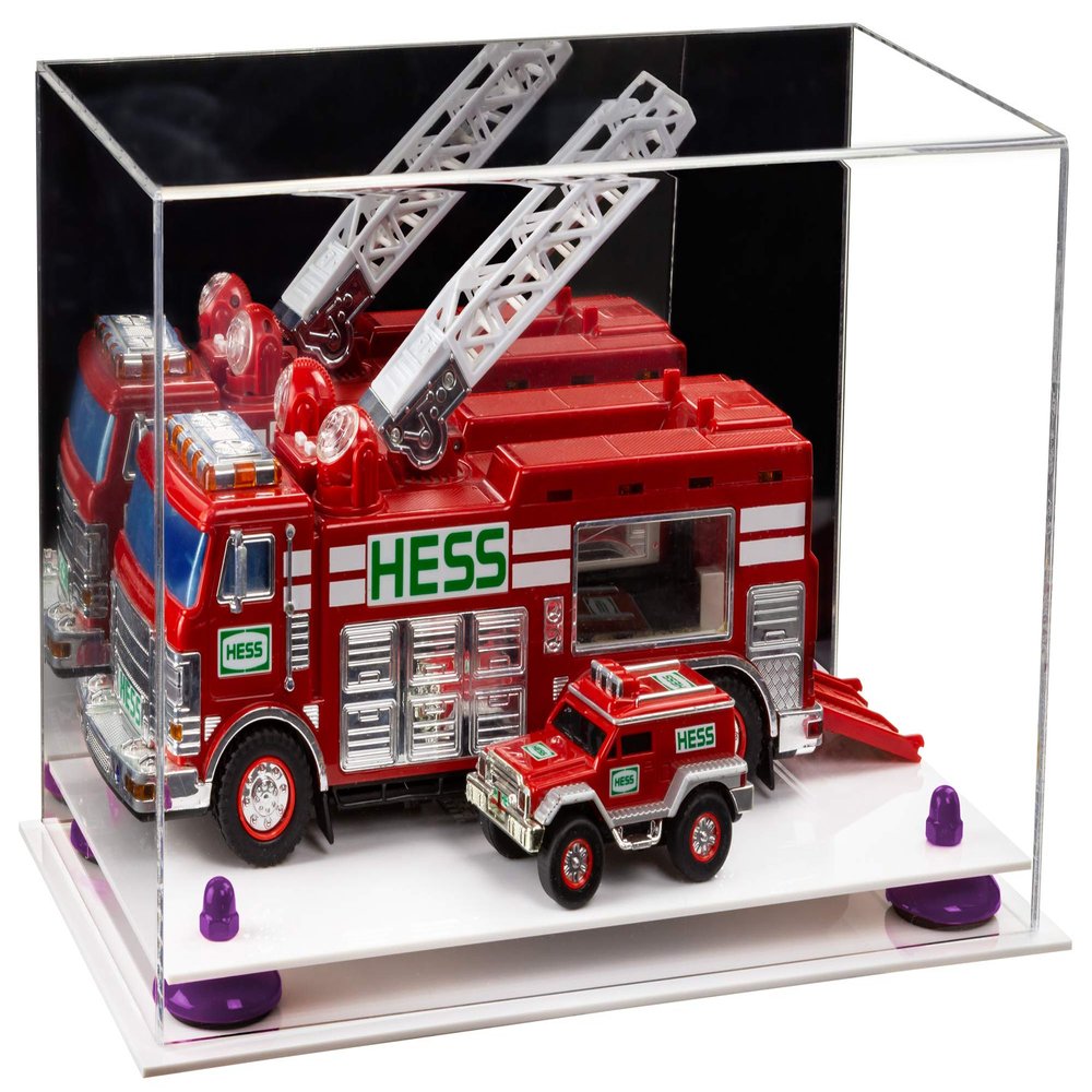 Better Display Cases Versatile Acrylic Display Case - Medium Rectangle Box with Mirror, Purple Risers and White Base 14" x 8" x 8.5" (A011-PR)