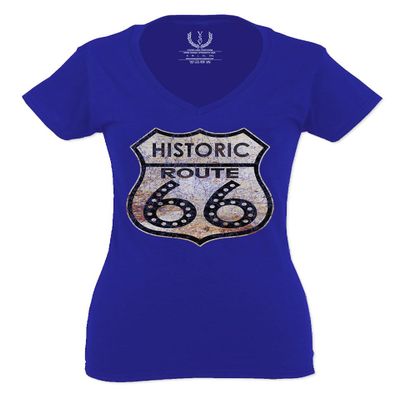 0273. Vintage Retro Road California Route 66 cali Republic for Women V Neck Fitted T Shirt (Royal Medium)