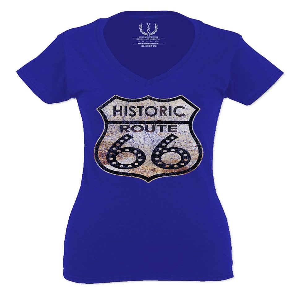 0273. Vintage Retro Road California Route 66 cali Republic for Women V Neck Fitted T Shirt (Royal Medium)