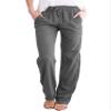 Womens Palazzo Linen Pants Wide Leg High Waisted Drawstring Casual Long Trousers Comfy Elastic Waistband Pants (Gray,X-Large) view 1